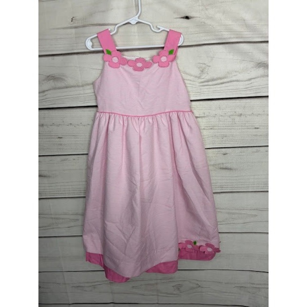 Florence Eiseman Girls Pink White Seersucker Floral Applique Dress Size 6X 64934